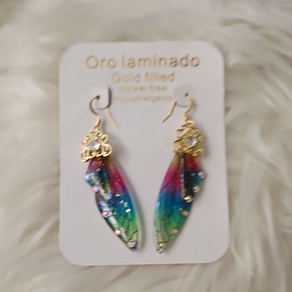 Colorful Wing Earrings with Gold Accents